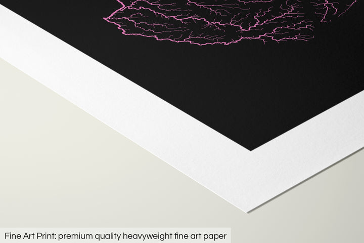 Closeup of a fine art print's corner lying on a flat surface, the details of a Grasshopper Geography map is visible. The text at the bottom reads: Fine art print - premium quality heavyweight fine art paper.