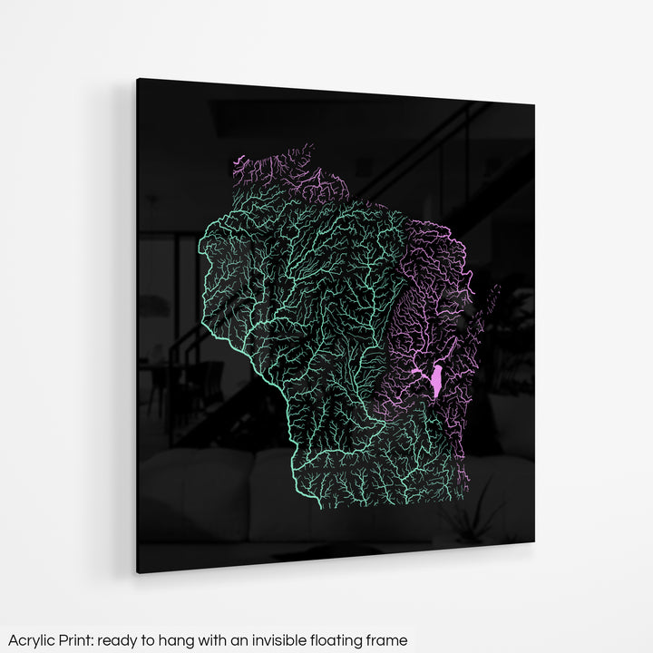 A colourful Grasshopper Geography map hanging on a white wall. The text at the bottom reads: Acrylic print - ready to hang with an invisible floating frame.