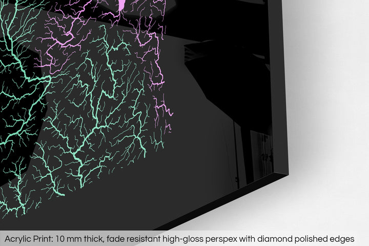 Closeup of an acrylic panel's corner, the details of a Grasshopper Geography map is visible. The text at the bottom reads: Acrylic print - 10 mm thick, fade reistant high-gloss perspex with diamond polished edges.