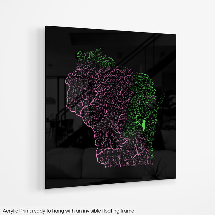 A colourful Grasshopper Geography map hanging on a white wall. The text at the bottom reads: Acrylic print - ready to hang with an invisible floating frame.