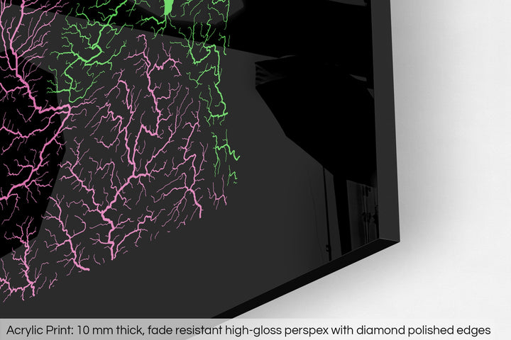 Closeup of an acrylic panel's corner, the details of a Grasshopper Geography map is visible. The text at the bottom reads: Acrylic print - 10 mm thick, fade reistant high-gloss perspex with diamond polished edges.