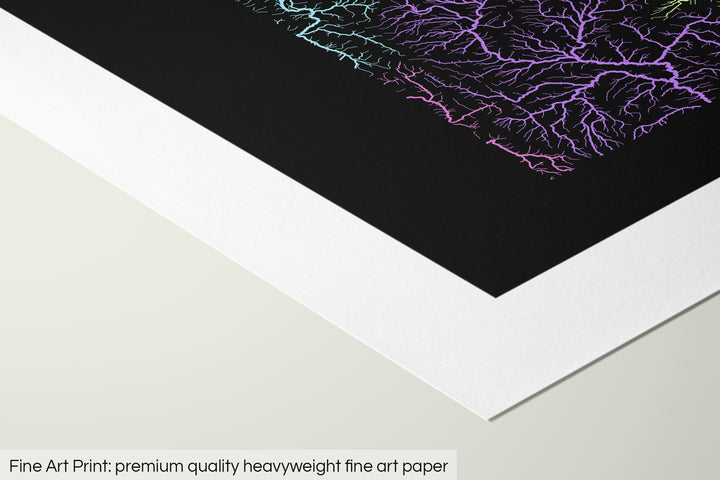 Closeup of a fine art print's corner lying on a flat surface, the details of a Grasshopper Geography map is visible. The text at the bottom reads: Fine art print - premium quality heavyweight fine art paper.