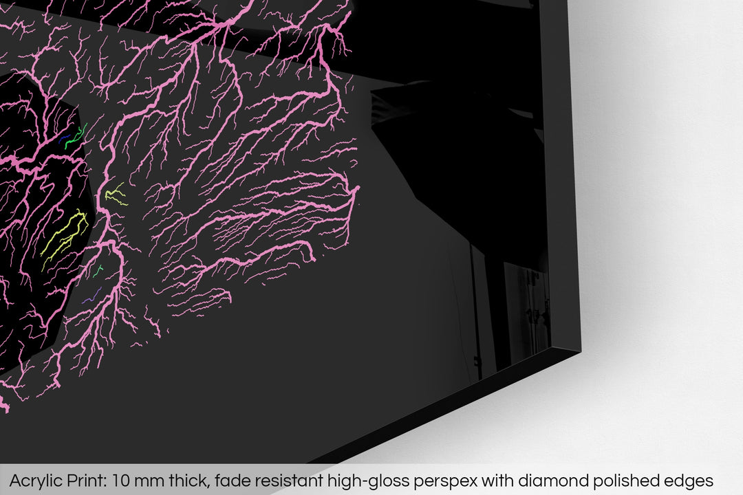 Closeup of an acrylic panel's corner, the details of a Grasshopper Geography map is visible. The text at the bottom reads: Acrylic print - 10 mm thick, fade reistant high-gloss perspex with diamond polished edges.
