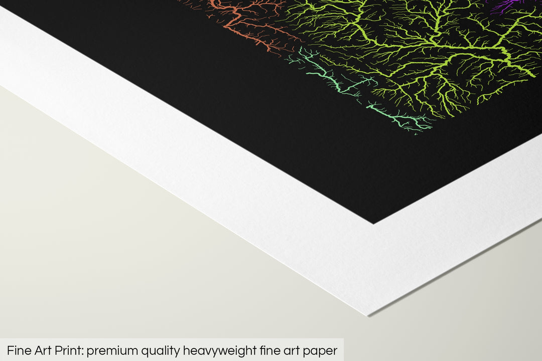 Closeup of a fine art print's corner lying on a flat surface, the details of a Grasshopper Geography map is visible. The text at the bottom reads: Fine art print - premium quality heavyweight fine art paper.