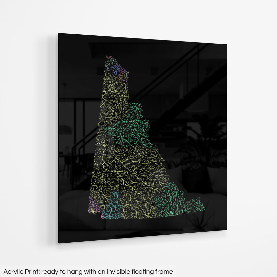 A colourful Grasshopper Geography map hanging on a white wall. The text at the bottom reads: Acrylic print - ready to hang with an invisible floating frame.