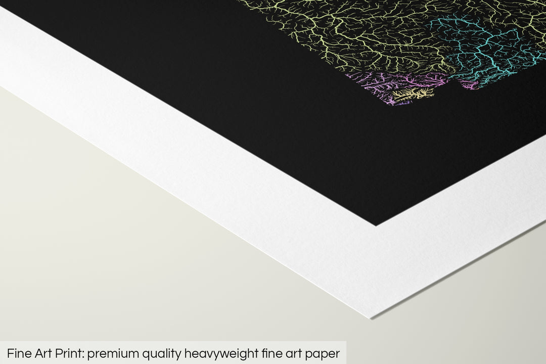 Closeup of a fine art print's corner lying on a flat surface, the details of a Grasshopper Geography map is visible. The text at the bottom reads: Fine art print - premium quality heavyweight fine art paper.