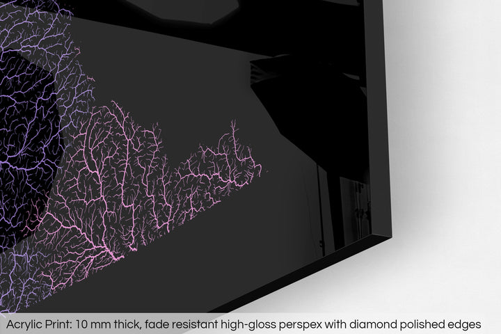 Closeup of an acrylic panel's corner, the details of a Grasshopper Geography map is visible. The text at the bottom reads: Acrylic print - 10 mm thick, fade reistant high-gloss perspex with diamond polished edges.