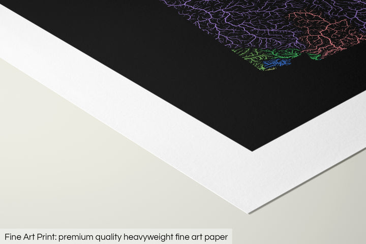 Closeup of a fine art print's corner lying on a flat surface, the details of a Grasshopper Geography map is visible. The text at the bottom reads: Fine art print - premium quality heavyweight fine art paper.