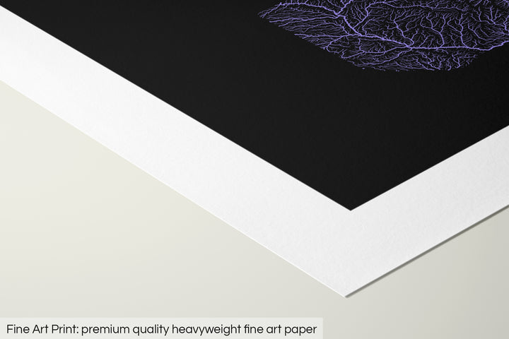 Closeup of a fine art print's corner lying on a flat surface, the details of a Grasshopper Geography map is visible. The text at the bottom reads: Fine art print - premium quality heavyweight fine art paper.