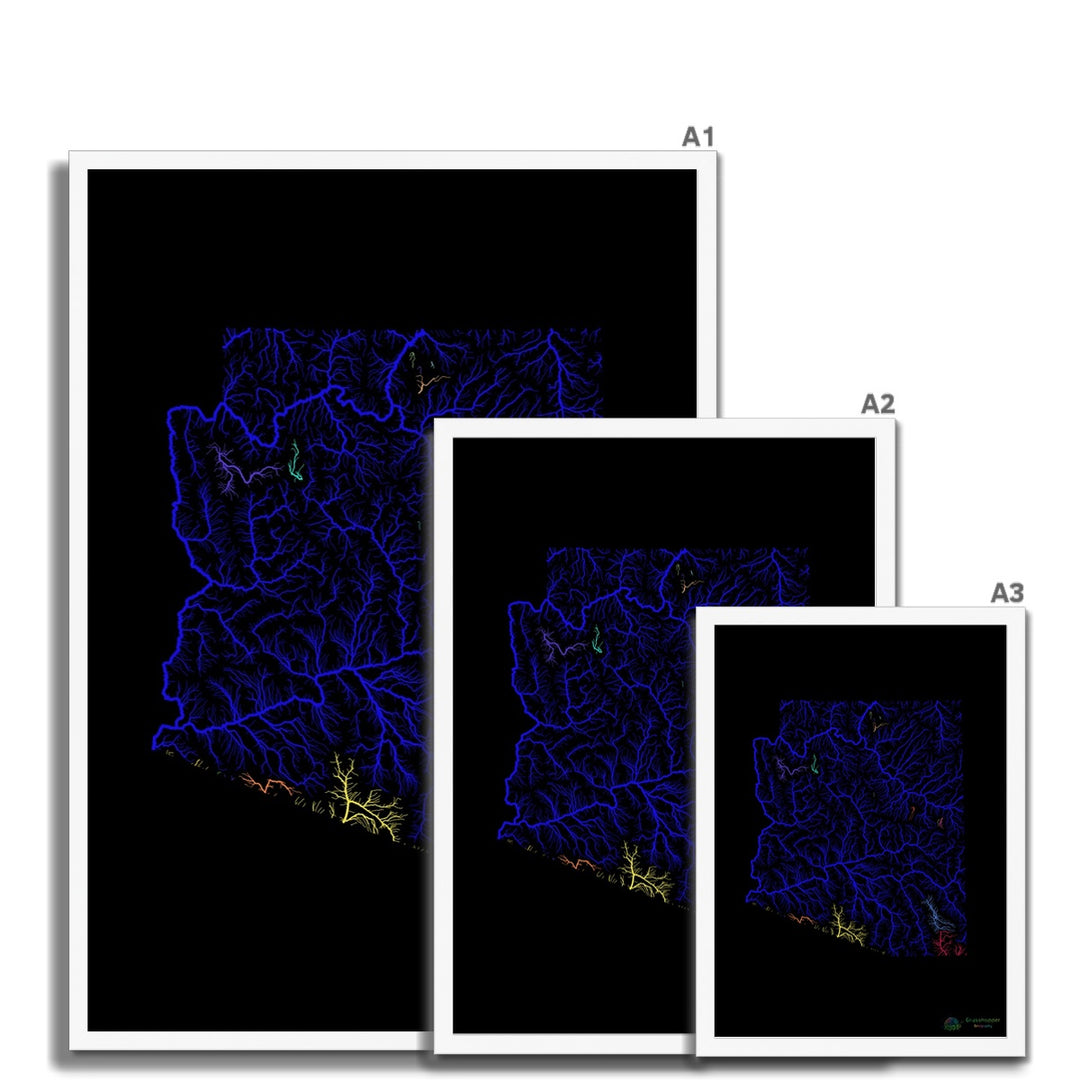 Carte du bassin fluvial de l'Arizona avec fond noir Impression encadrée
