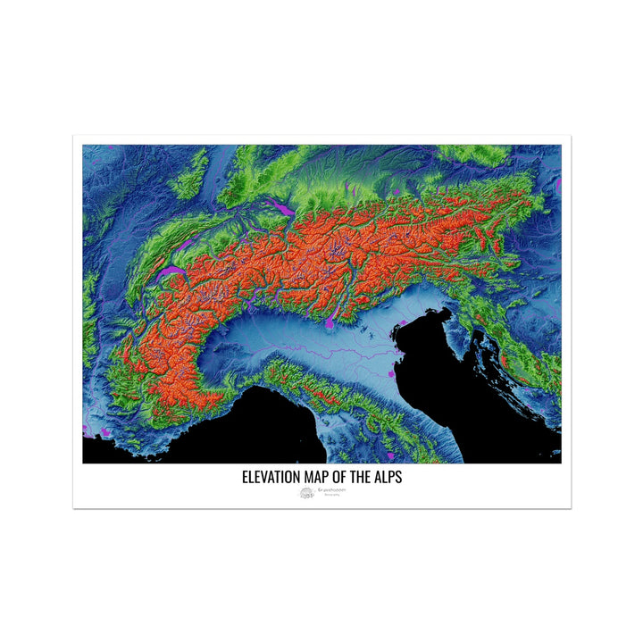Impresión fotográfica personalizada del mapa de elevación de los Alpes