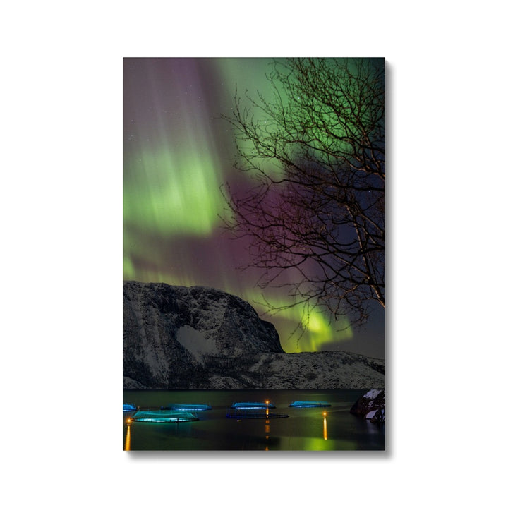 Рыбоводные загоны на острове Лундёйа с полярным сиянием II - Холст
