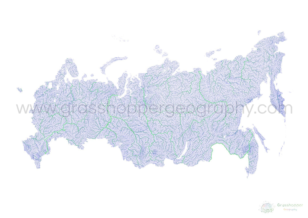Россия - Синяя и зеленая карта рек на белом фоне - Художественная печать