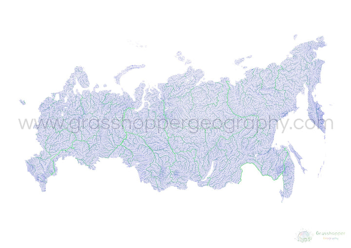 Россия - Синяя и зеленая карта рек на белом фоне - Художественная печать