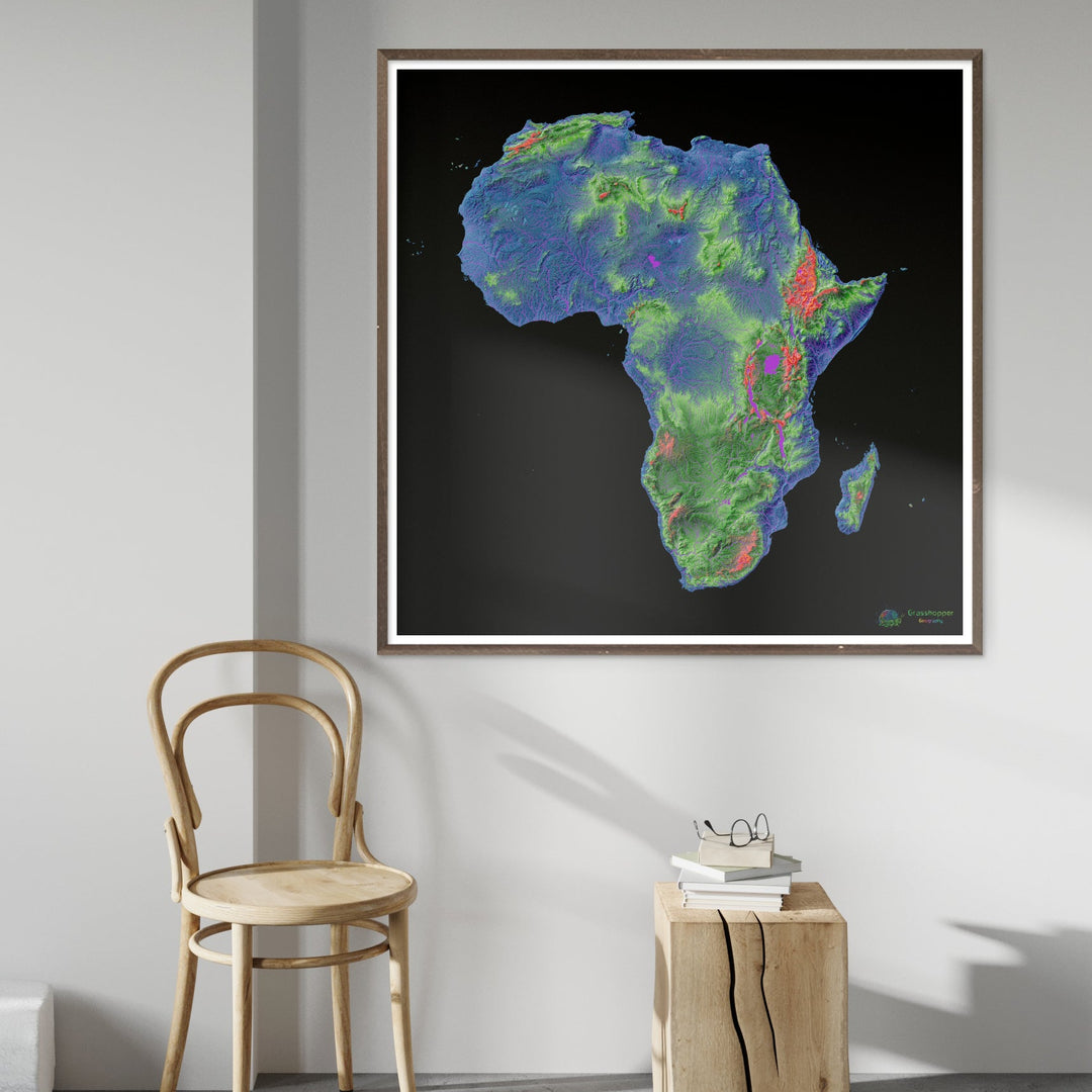África - Mapa de elevação, preto - Impressão de belas artes