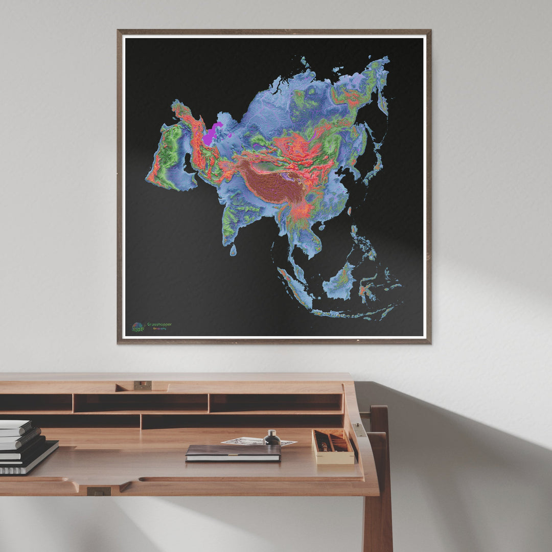 Ásia - Mapa de elevação, preto - Impressão de belas artes