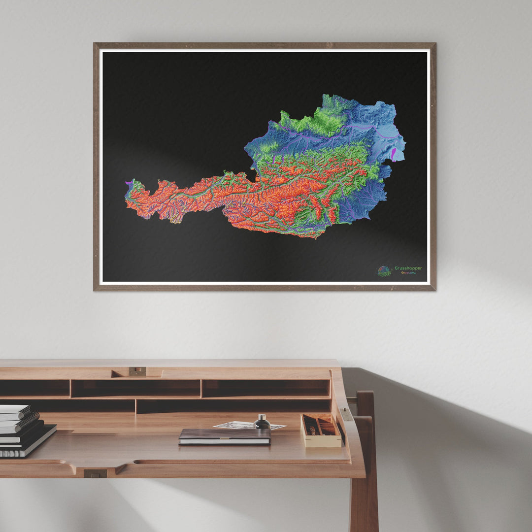 Áustria - Mapa de elevação, preto - Impressão de belas artes