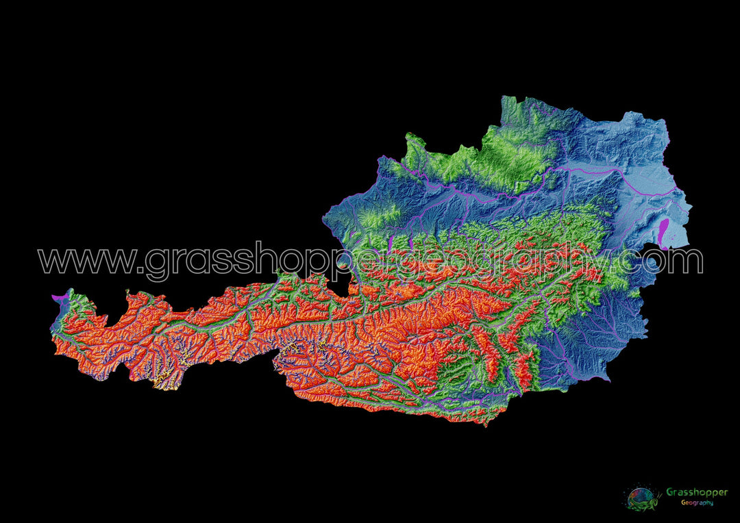 Áustria - Mapa de elevação, preto - Impressão de belas artes
