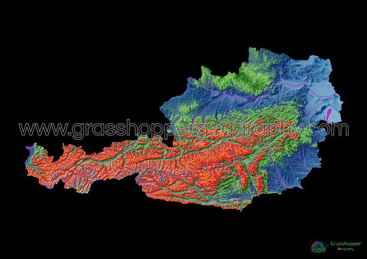 Áustria - Mapa de elevação, preto - Impressão de belas artes