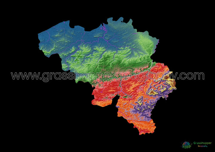 Bélgica - Mapa de elevação, preto - Impressão de belas artes