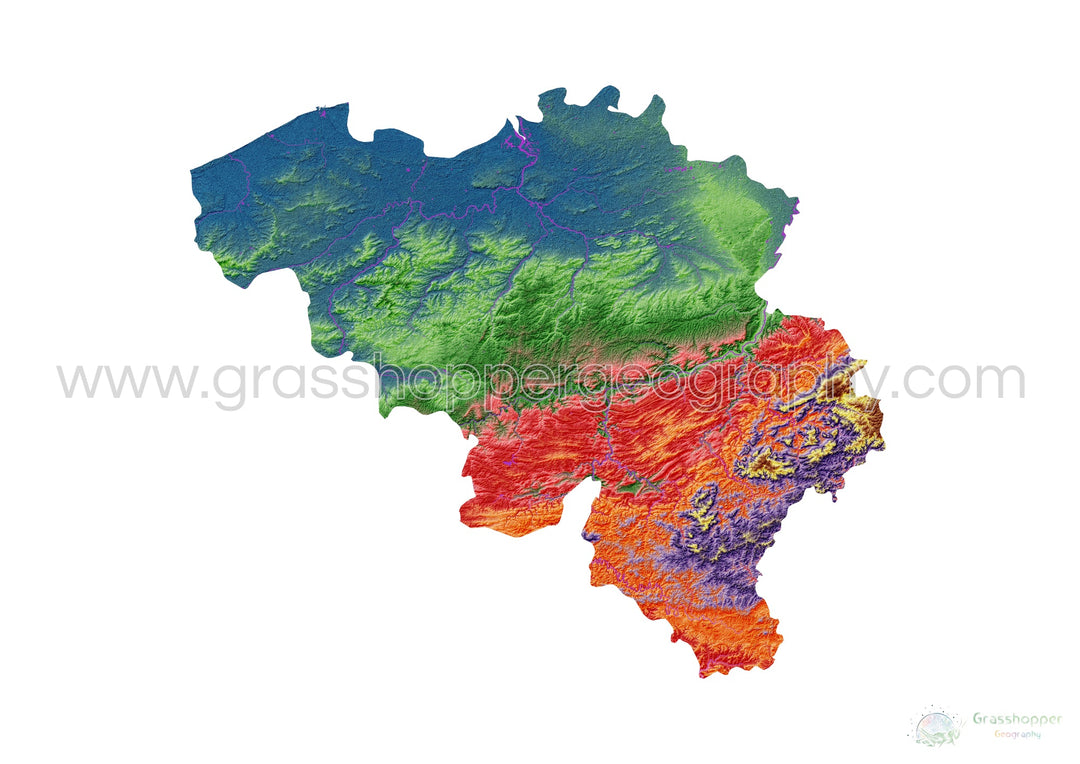 Bélgica - Mapa de elevação, branco - Impressão de belas artes
