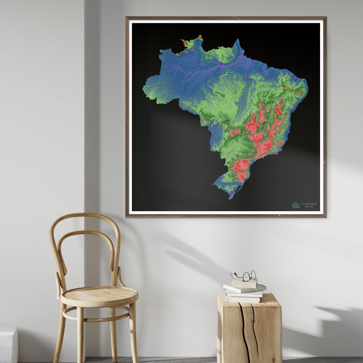Brasil - Mapa de elevação, preto - Impressão de belas artes