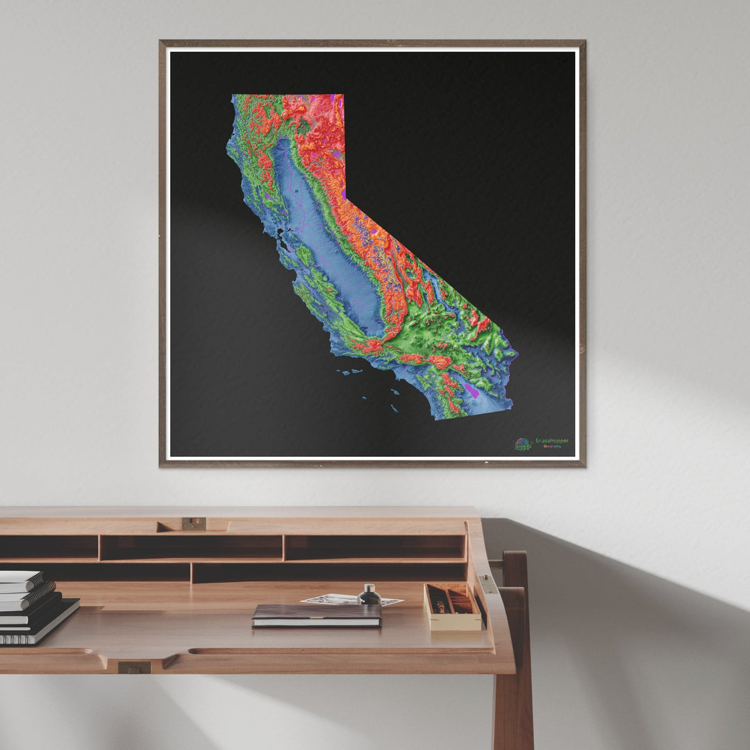 Califórnia - Mapa de elevação, preto - Impressão de belas artes