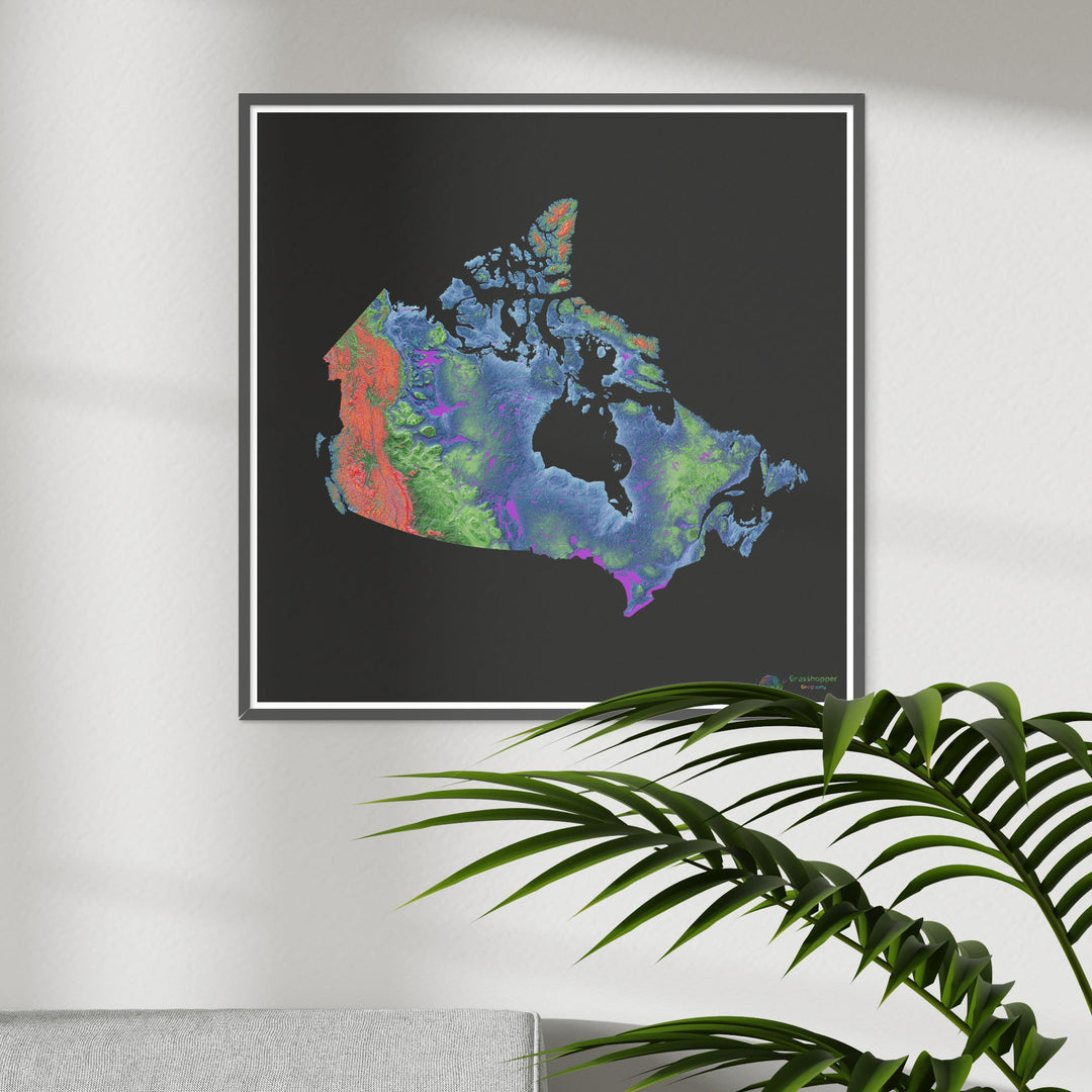 Canadá - Mapa de elevação, preto - Impressão de belas artes