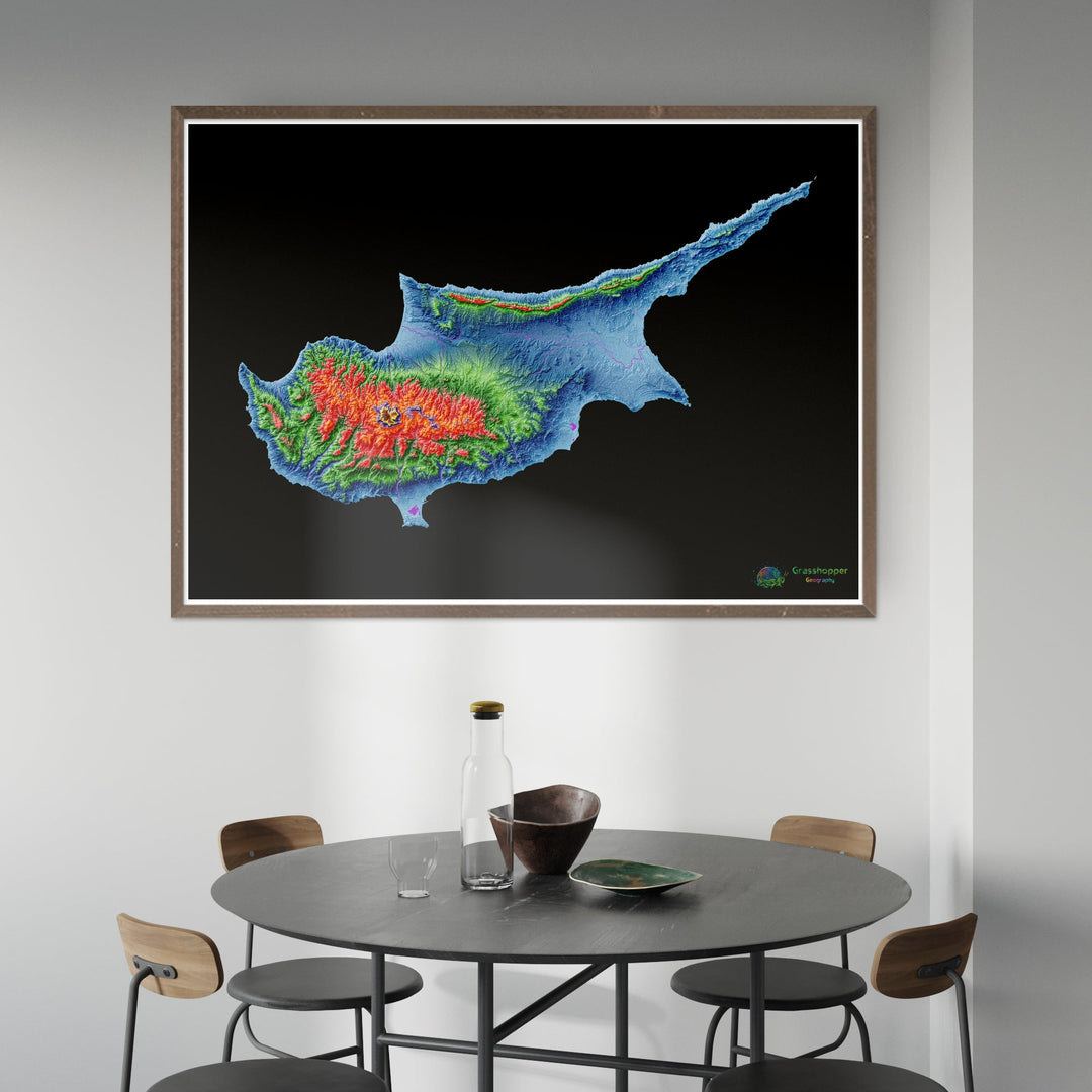 Chipre - Mapa de elevação, preto - Impressão de belas artes