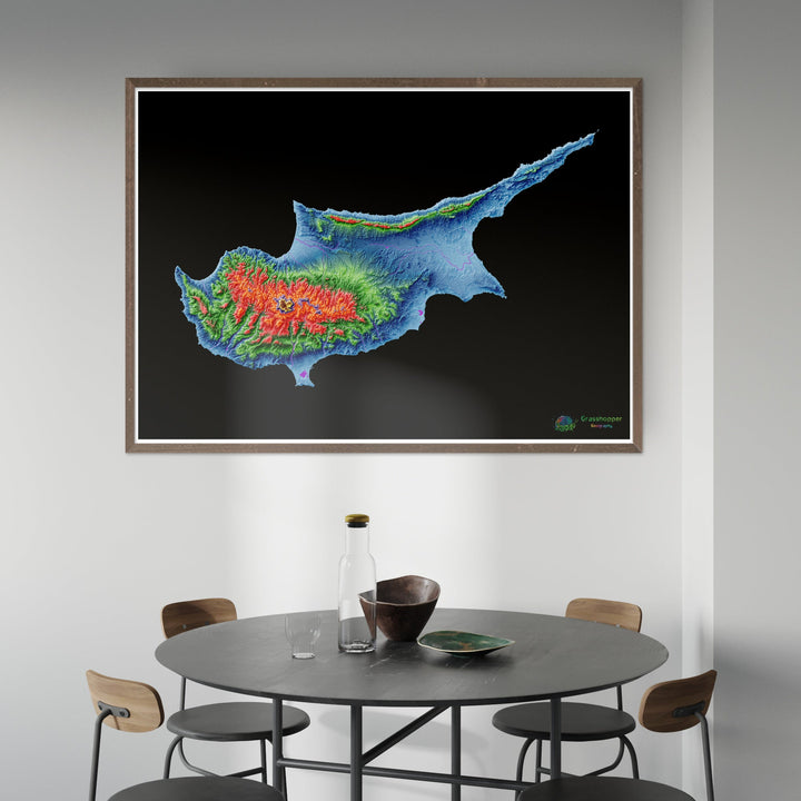 Chipre - Mapa de elevação, preto - Impressão de belas artes