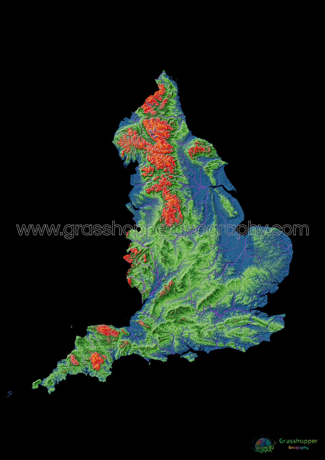 Inglaterra - Mapa de elevação, preto - Impressão de belas artes