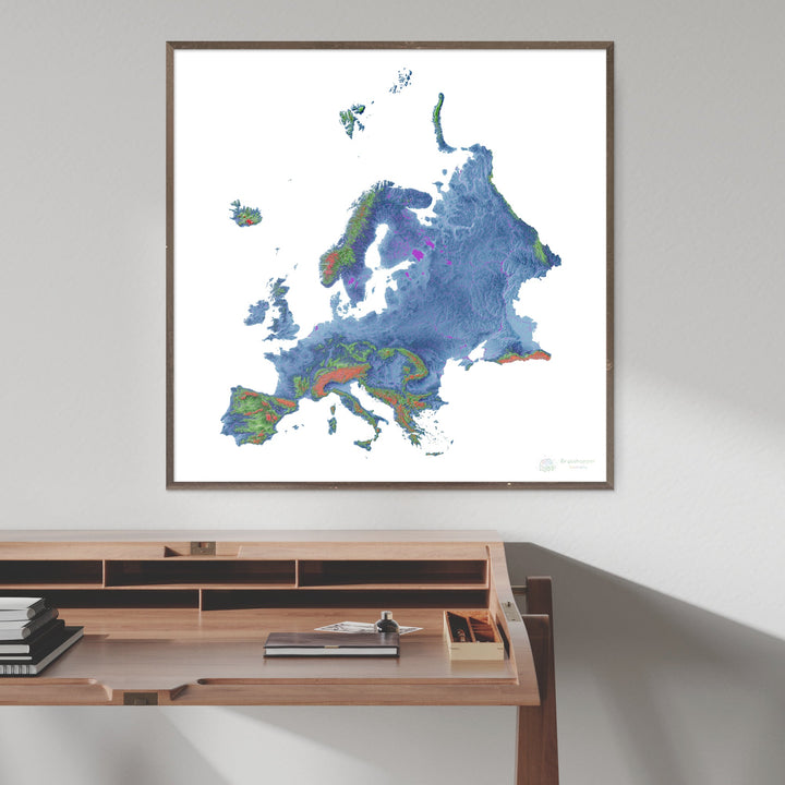 Europa - Mapa de elevação, branco - Impressão de belas artes
