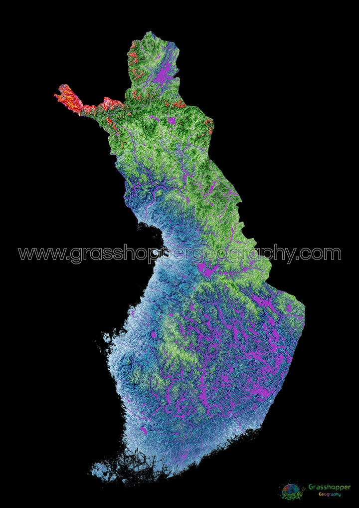 Finlande - Carte d'élévation, noir - Tirage d'art