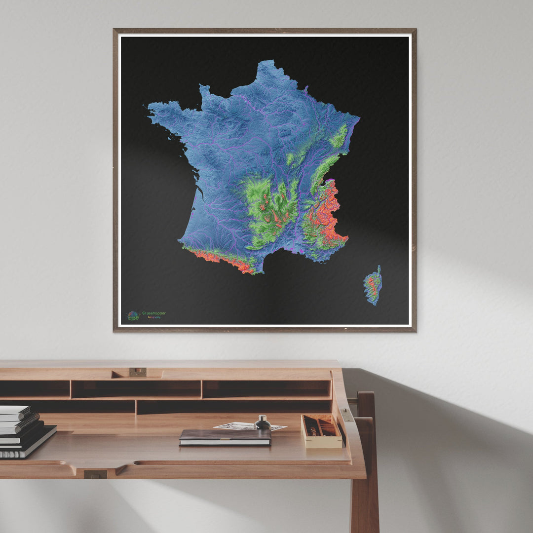 França - Mapa de elevação, preto - Impressão de belas artes