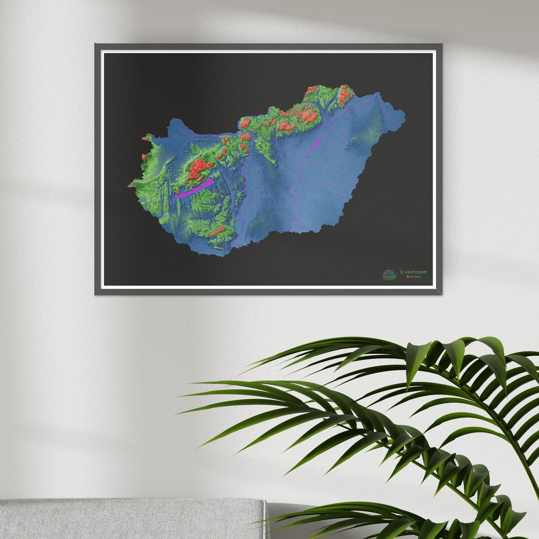 Hungria - Mapa de elevação, preto - Impressão de belas artes