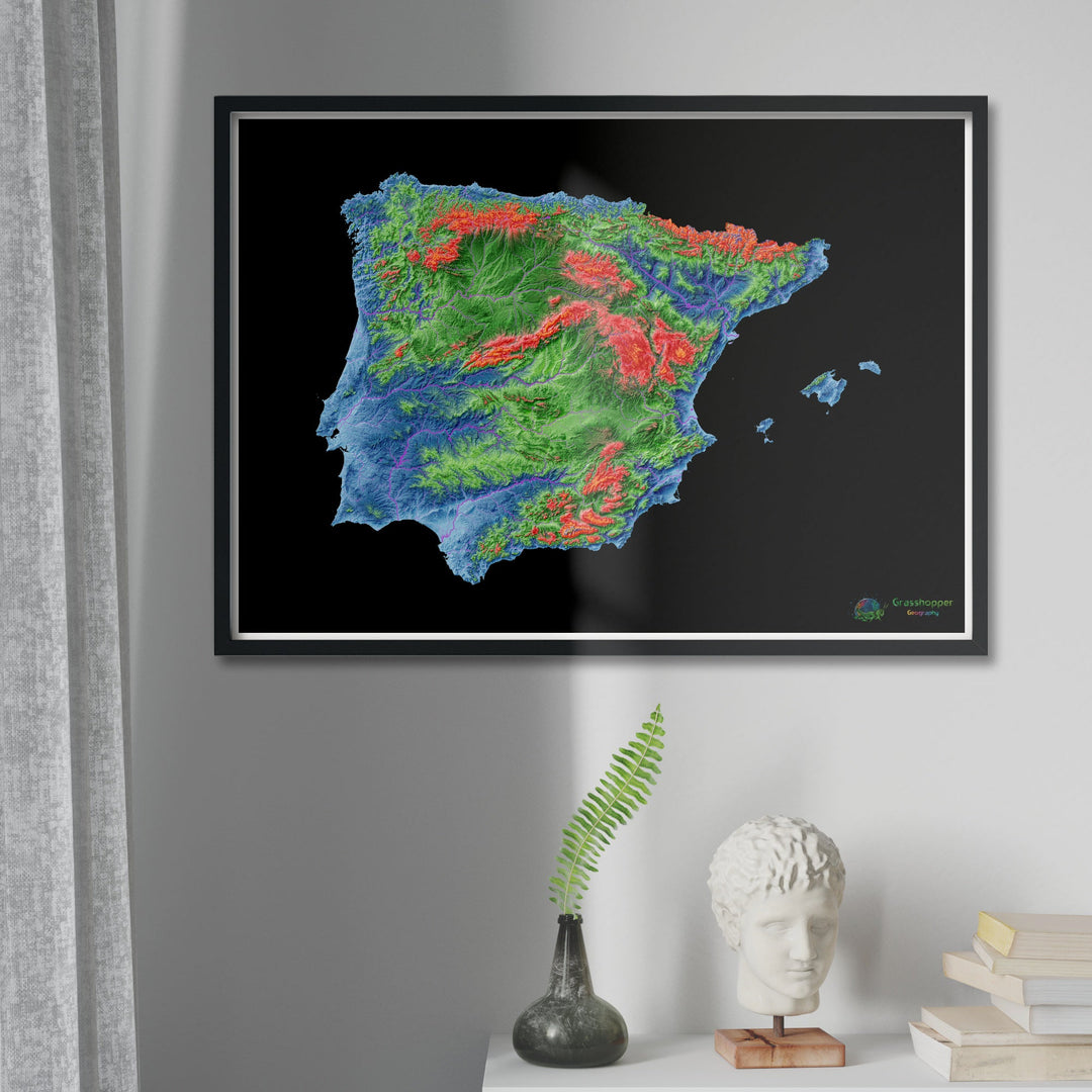Iberia - Mapa de elevação, preto - Impressão de belas artes