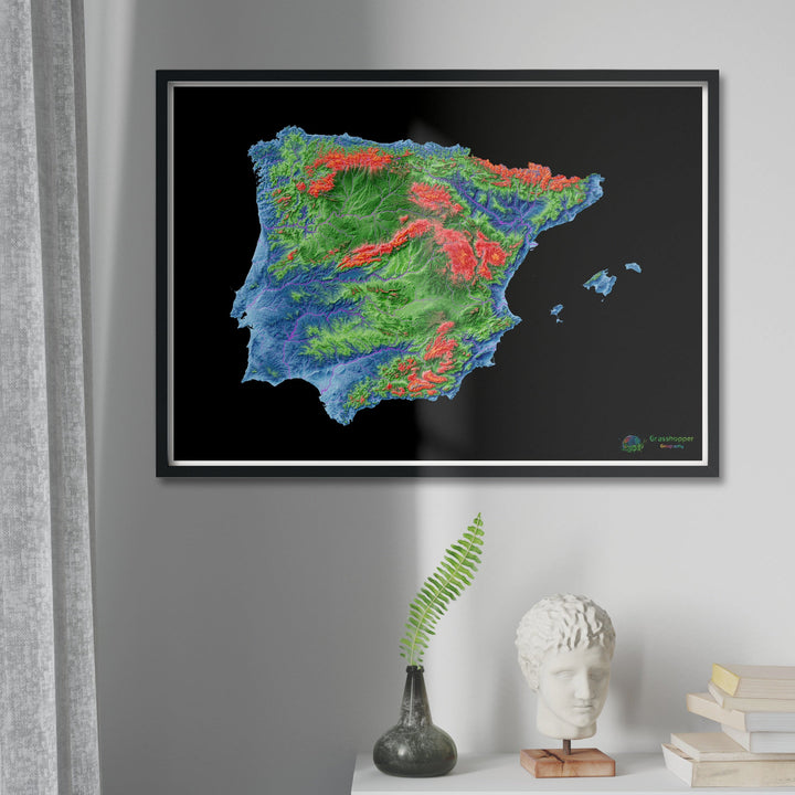Iberia - Mapa de elevação, preto - Impressão de belas artes