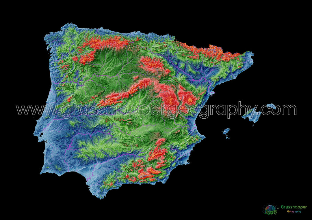 Iberia - Mapa de elevação, preto - Impressão de belas artes