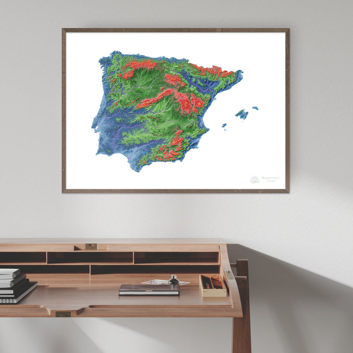 Iberia - Mapa de elevação, branco - Impressão de belas artes