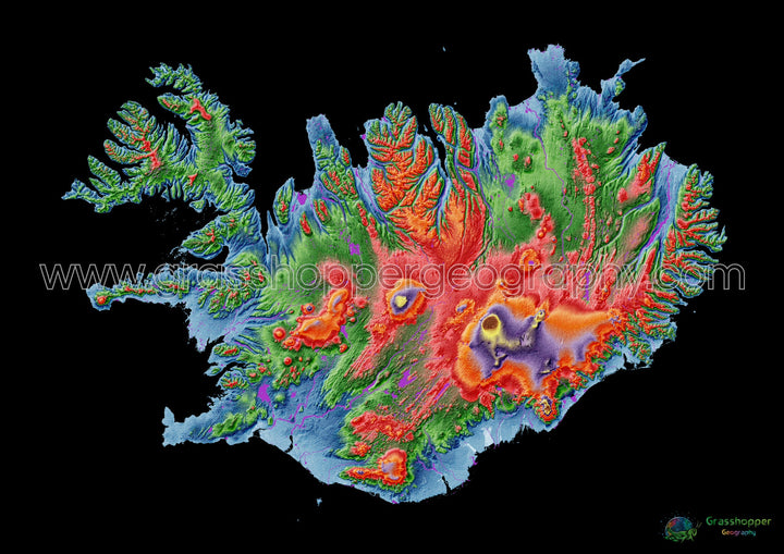 Islândia - Mapa de elevação, preto - Impressão de belas artes