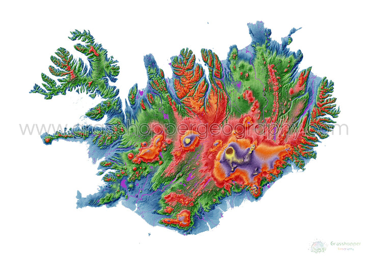 Islande - Carte d'élévation, blanc - Tirage d'art