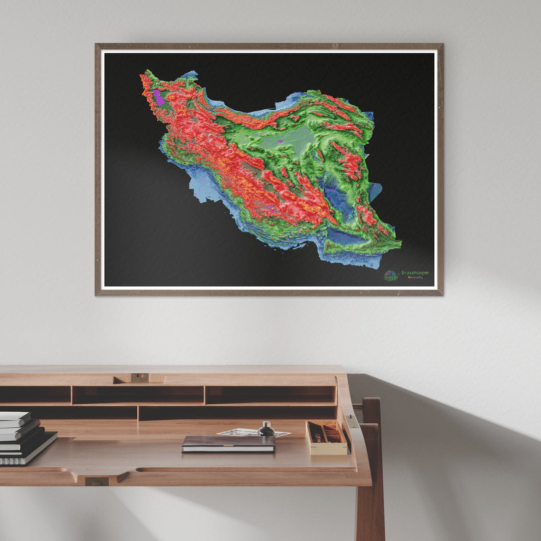 Irã - Mapa de elevação, preto - Impressão de belas artes