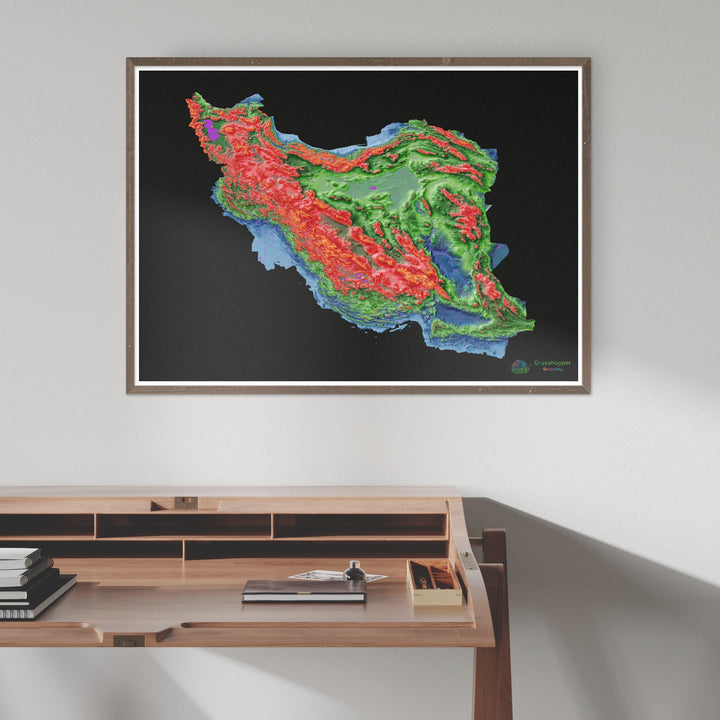 Irã - Mapa de elevação, preto - Impressão de belas artes