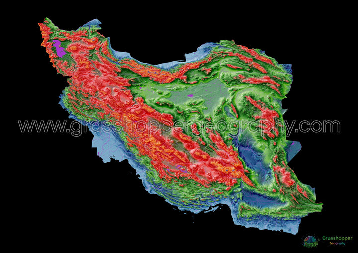 Irã - Mapa de elevação, preto - Impressão de belas artes