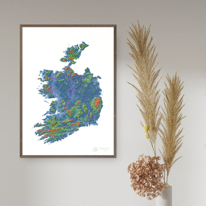 Irlanda - Mapa de elevación, blanco - Impresión de Bellas Artes