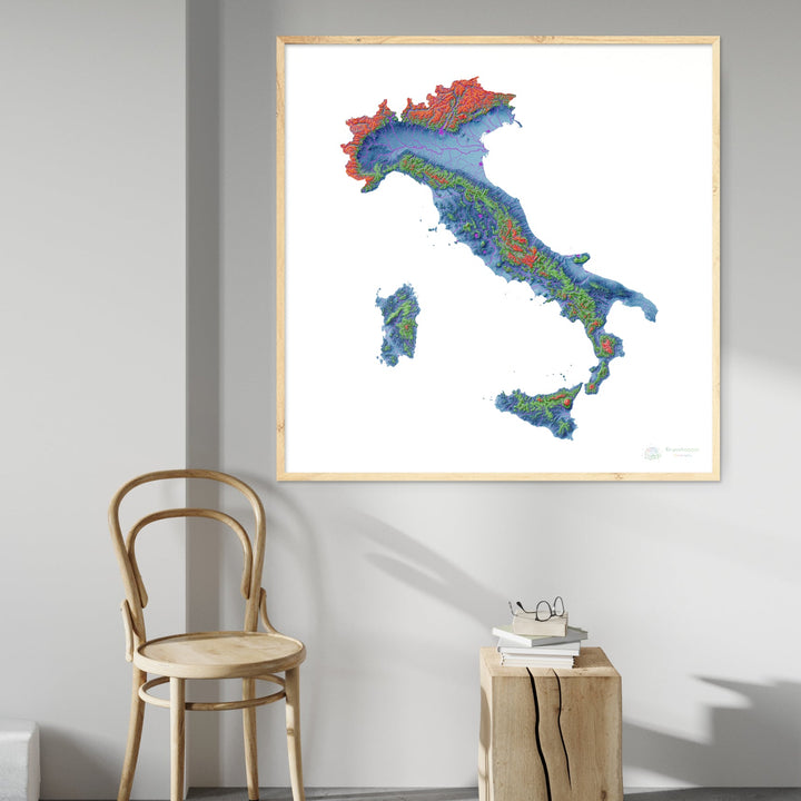 Italia - Mapa de elevación, blanco - Impresión de Bellas Artes