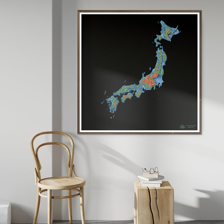 Japón - Mapa de elevación, negro - Impresión de Bellas Artes