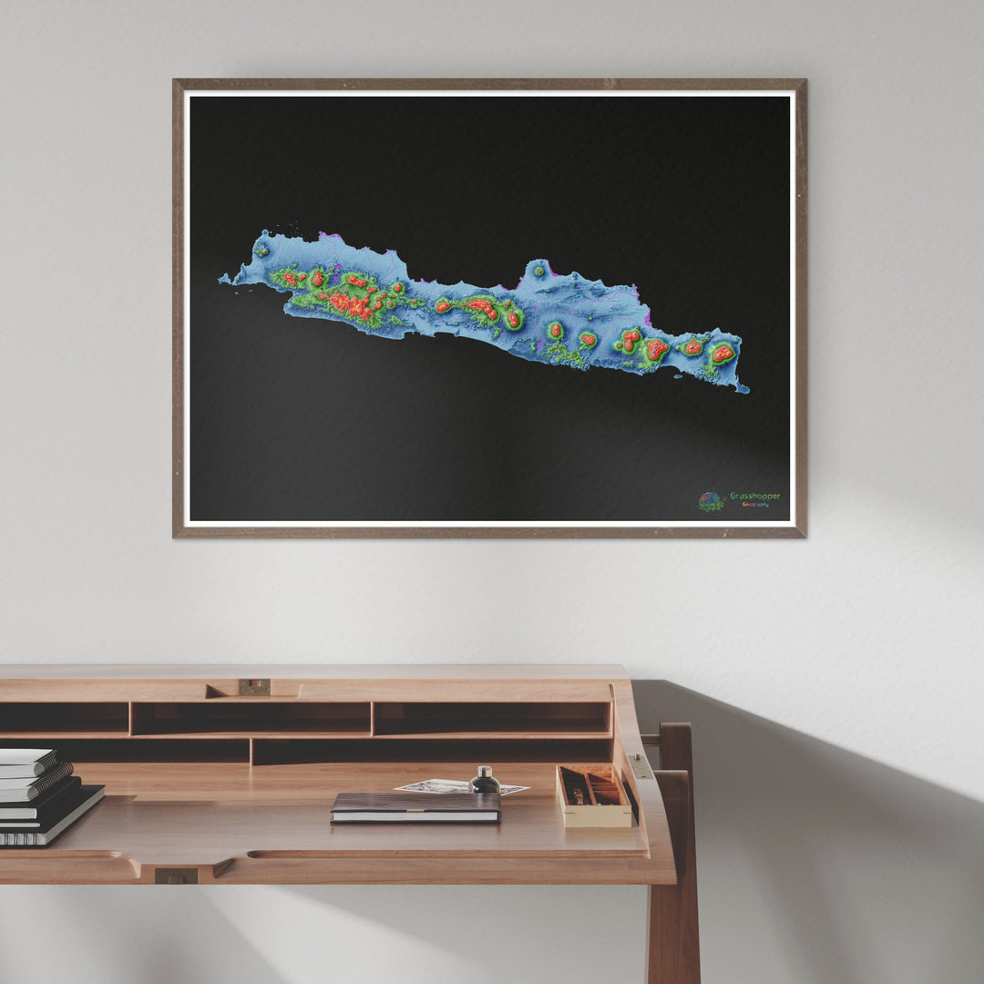 Java - Mapa de elevación, negro - Impresión de Bellas Artes