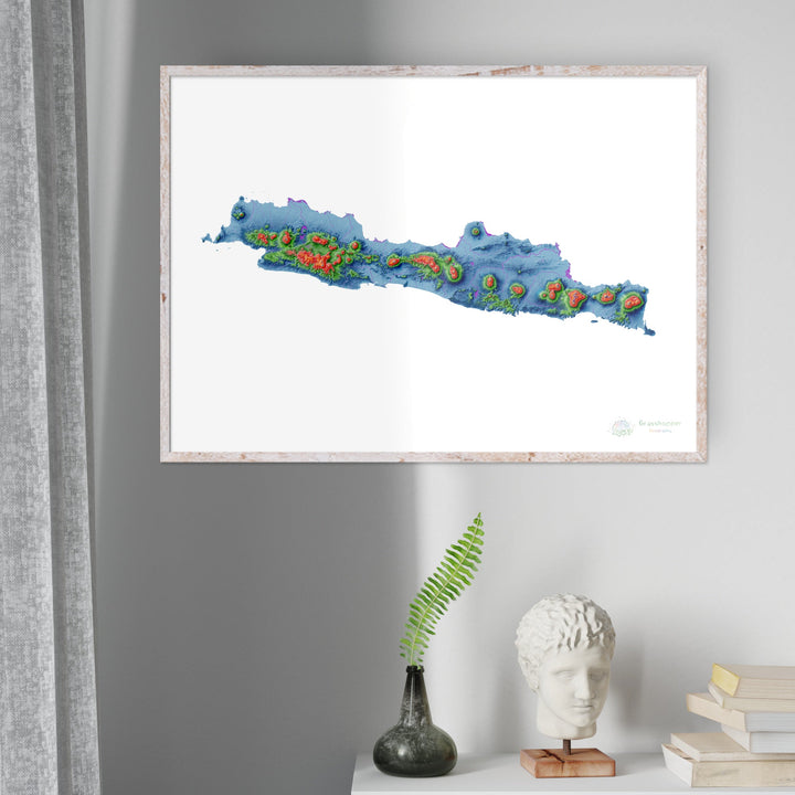 Java - Mapa de elevación, blanco - Impresión de Bellas Artes