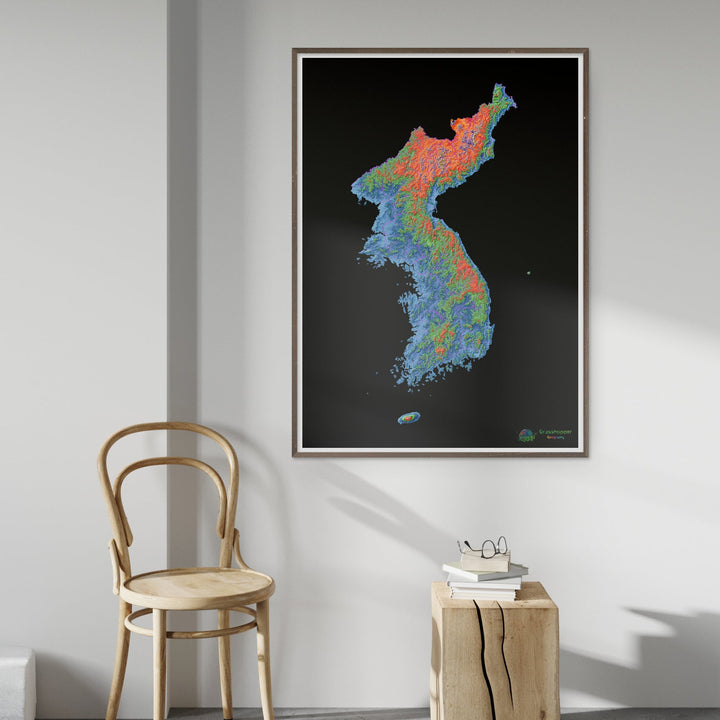 Corea - Mapa de elevación, negro - Impresión de Bellas Artes